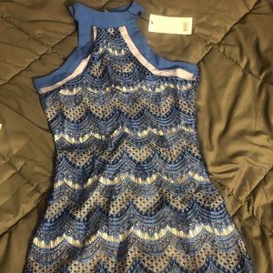 Blue lace sleeveless sheath mini dress